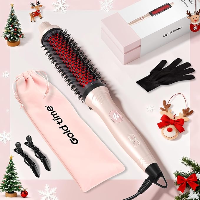 Infrared Thermal Brush, 1.65 inch Heated Round Brush for Blowout Look, Dual Voltage, Negative Ion Thermal Hair Tools, 6 Temperature, No Damage, Pink Gifts for Women