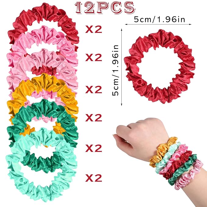 Pengxiaomei 12Pcs Satin Hair Scrunchies, Bright Colors Elastic Hair Bands Hair Accessories for Women Girls, Ideal Summer Wedding Gift