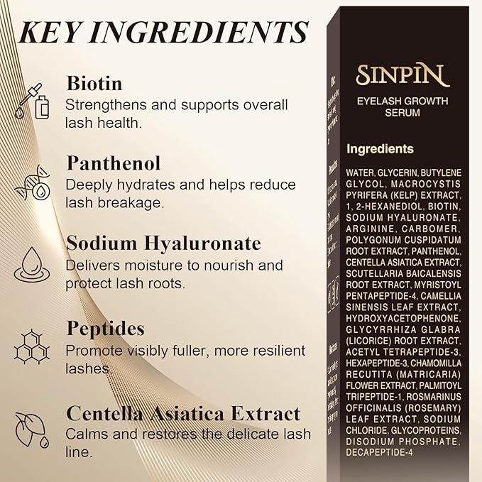 Natural Lash Growth Serum – See Visible Results in 4 Weeks | SINPIN Eyelash Serum without Prostaglandin, Enriched with Biotin, Panthenol & Peptides for Longer, Thicker Lashes, 5ML