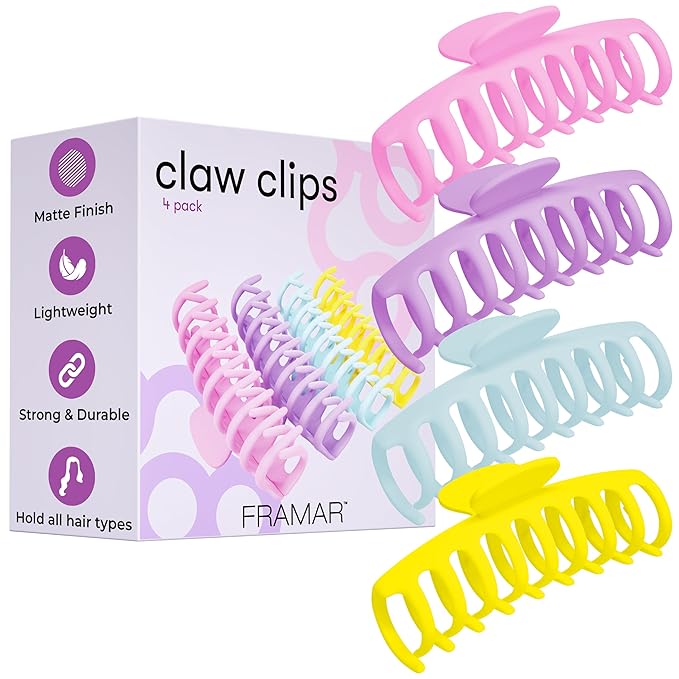 FRAMAR Large Claw Clips For Thick Hair – Large Hair Clip For Thick Hair, Big Hair Clips For Women, Hair Claws Clips For Women, Pastel Hair Clips, Pastel Claw Clip - 4 Pack Non Slip Matte Finish
