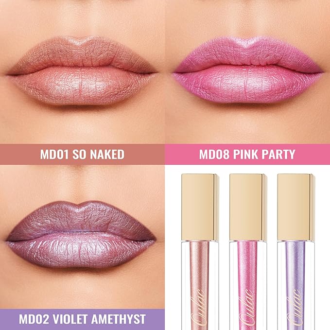Oulac Metallic Shine Liquid Lipstick Set for Women, Dual Use for Lips & Eyeshadow, Long Lasting Lip Gloss, Metallic Matte High Impact Lip Color No Transfer Vegan Formula, 4.5ml, MD01+02+08