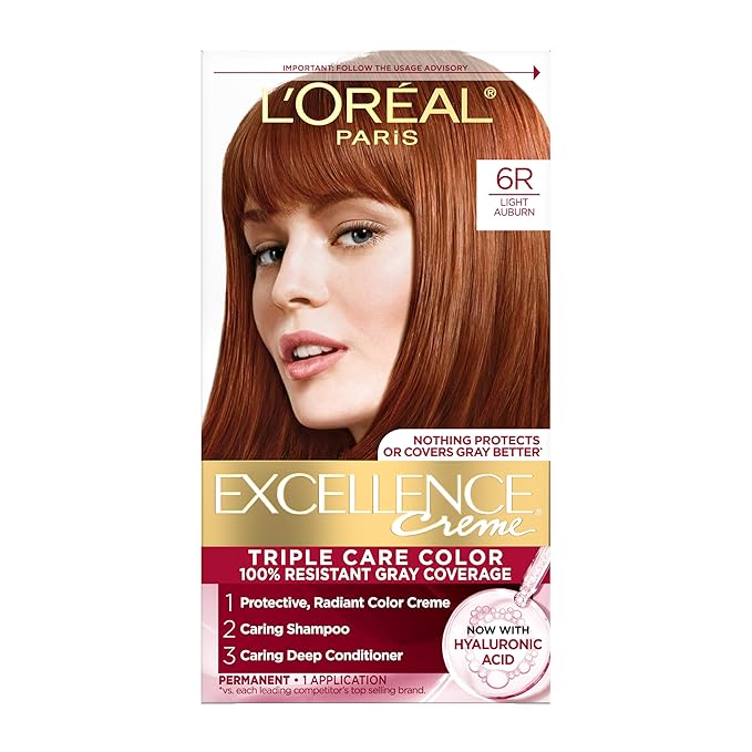 L'Oreal Paris Excellence Crème Permanent Hair Dye, Triple Care Hair Color with Pro-Keratine Complex for 100% Gray Hair Coverage, 6R Light Auburn, 1 Kit