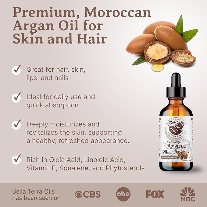 Bella Terra Oils - Argan Oil 2oz - Nature's Hair Oil for Frizzy Hair, Packed with Vitamin E & Omega Fats, Best Serum for Radiant Skin