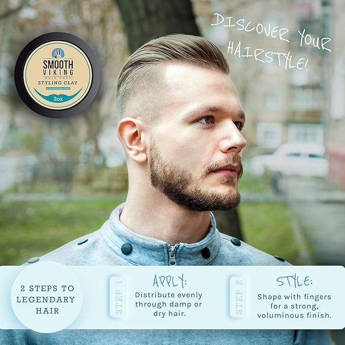 Smooth Viking Hair Clay for Men - Strong Hold Clay Pomade, Matte Finish, Oil-Free, Made in USA, All Hair Types, Natural Scent, Easy Wash Out, Thickening, Nourishing, 2oz