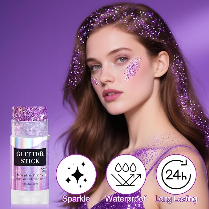 MEICOLY Light Purple Hair Glitter Stick for Women,Halloween Face Glitter Stick Spirit Week Wear,Women Costume Sparkle Chunky Glitter Makeup,Waterproof Body Glitter for Party Rave Festival