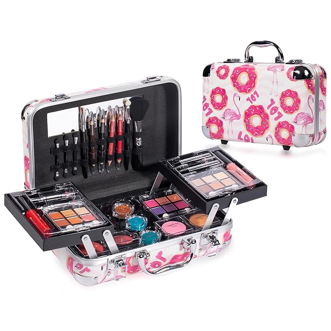 Hot Sugar All In One Makeup Set for Adults and Girls-Full Makeup Kit for Beginners Includes Eye Shadow Palette Blush Lip Gloss Lipstick Lip Pencil Eye Pencil Brush Mirror (Doughnut)