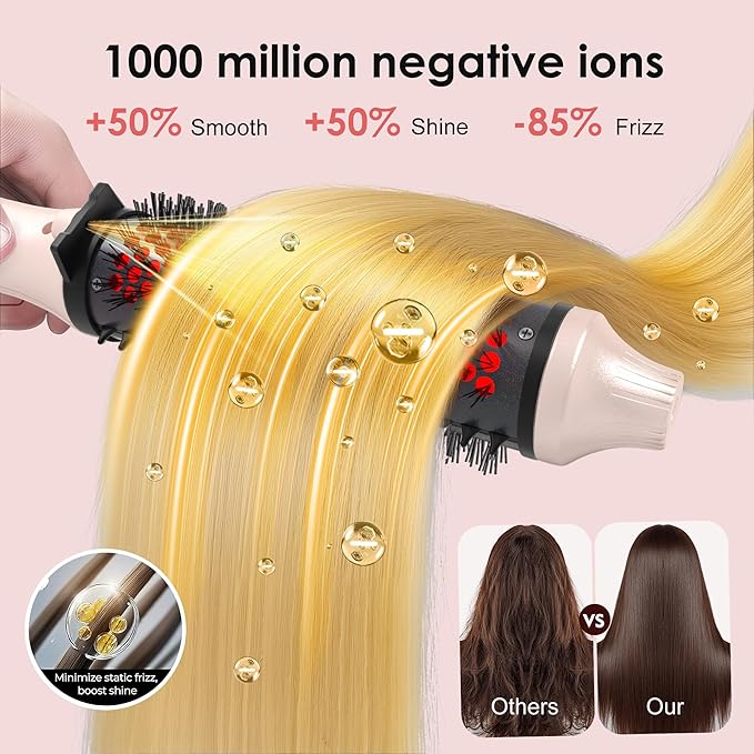 Infrared Thermal Brush, 1.65 inch Heated Round Brush for Blowout Look, Dual Voltage, Negative Ion Thermal Hair Tools, 6 Temperature, No Damage, Pink Gifts for Women