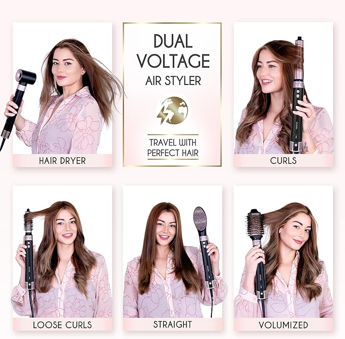 ELLA BELLA® 6 in 1 Professional Hot Air Styler Dual Voltage • Powerful Hair Dryer & Straightener Set • Styling Without Heat Damage • Fast Drying Curling Volumizing Straightening • with Travel Case