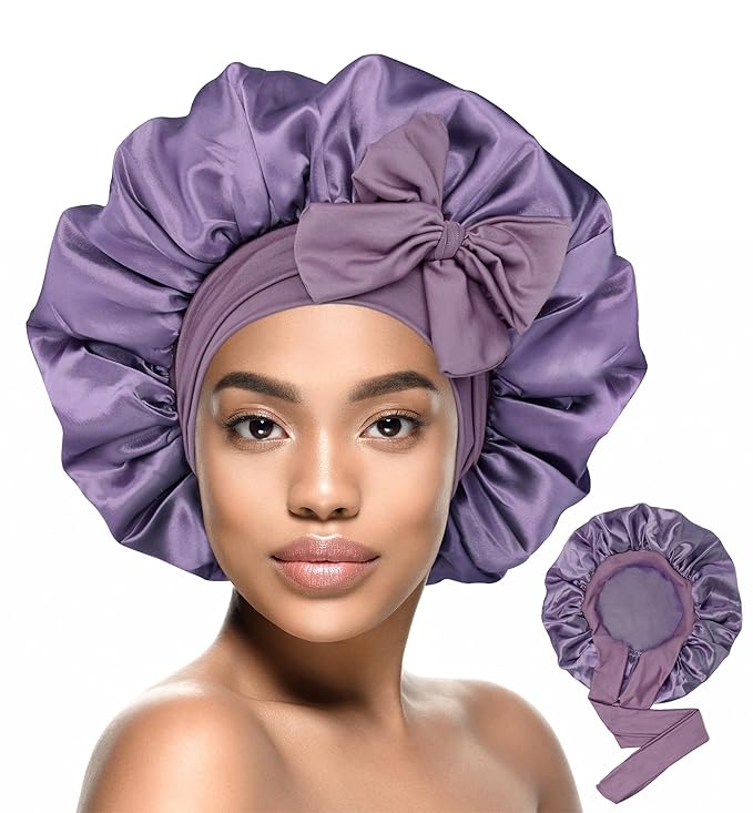 HiRui Silk Satin Bonnet for Sleeping Women, Double-Layer Sleep Cap Shower Cap with Adjustable Tie, Moisture Retaining Satin Lined Hair Bonnet for Curly and Natural Hair (Lavender, Large)