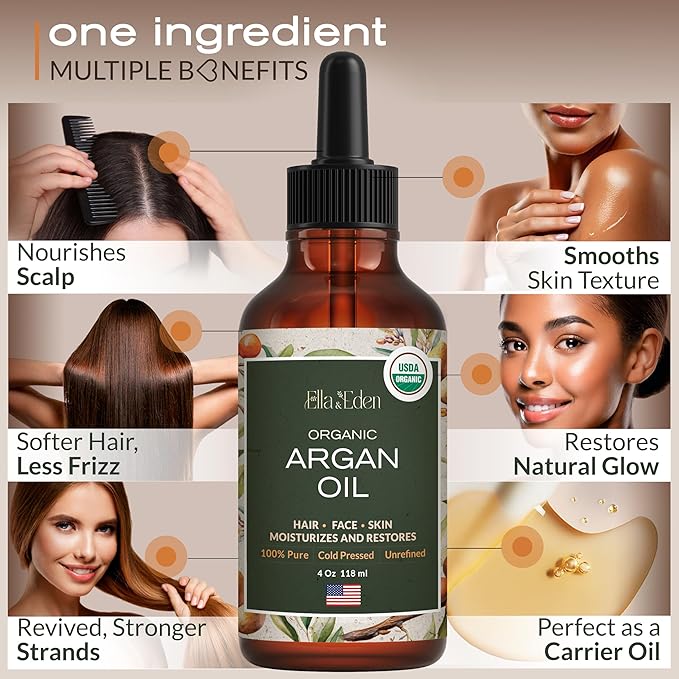 Ella & Eden Organic Moroccan Argan Oil - 100% Pure Cold-Pressed USDA Certified Unrefined – for Hair, Face & Skin – 4 Fl Oz Glass Bottle