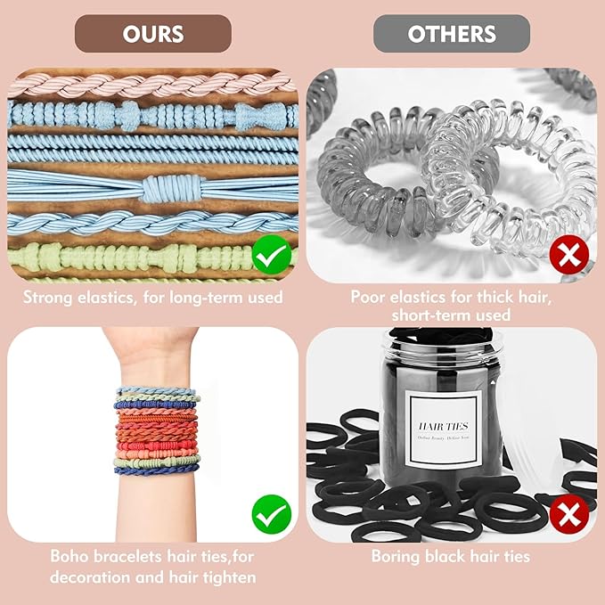 32Pcs Boho Bracelet Hair Ties, No Damage Elastic Bracelets, Brownsoft Hair Ties Accessories for Girls and Women Cute Bands for Thick or Thin Hair