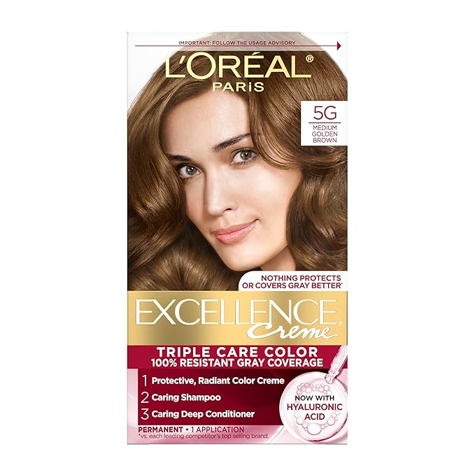L'Oreal Paris Excellence Crème Permanent Hair Dye, Triple Care Hair Color with Pro-Keratine Complex for 100% Gray Hair Coverage, 5G Medium Golden Brown, 1 Kit