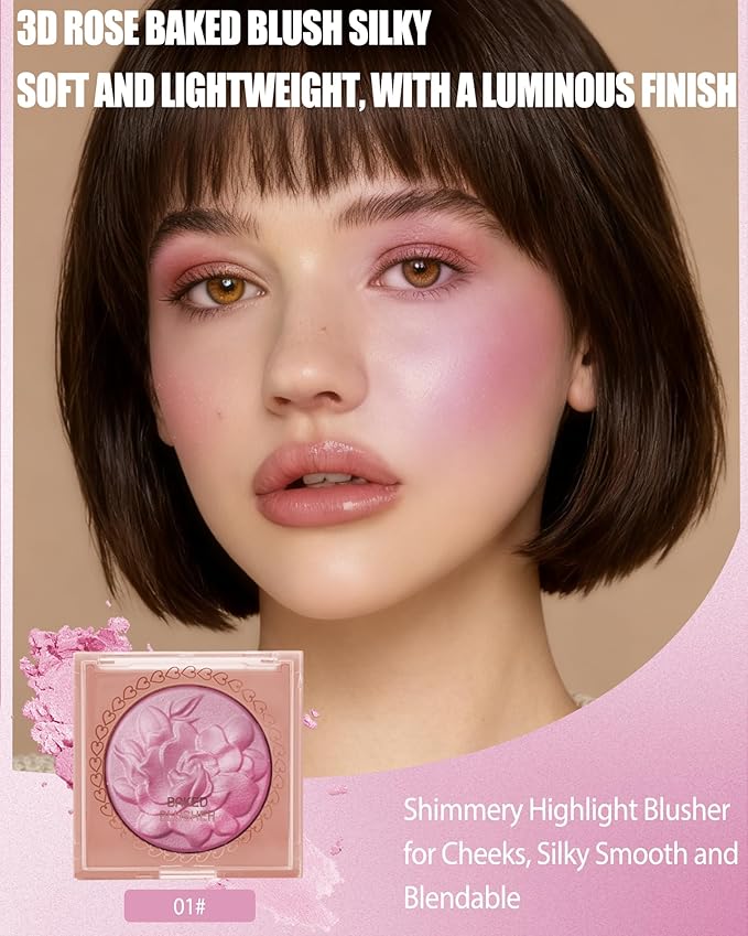 Baked Powder Blush, Lightweight Shimmery Highlight Blusher for Cheeks, Silky Smooth and Blendable Powder Blush Palette, Long-lasting All-Day Face Enhancing Makeup Color, Makeup Gift for Women Girls-01