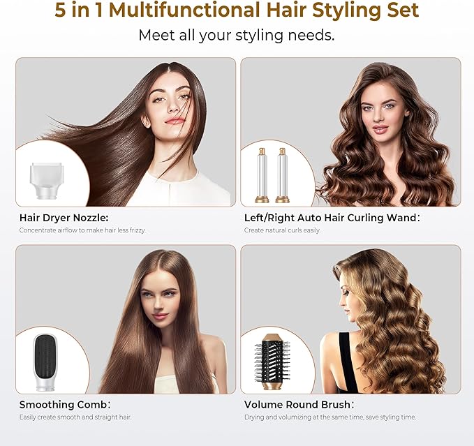 Hair Dryer Brush 5 in 1, Blow Dryer Brush Set with Air Curler Wrap Hair Styler, Negative Ionic Blow Dry Brush, Detachable Hair Tool for Curling, Volumizer,Straightener,Drying