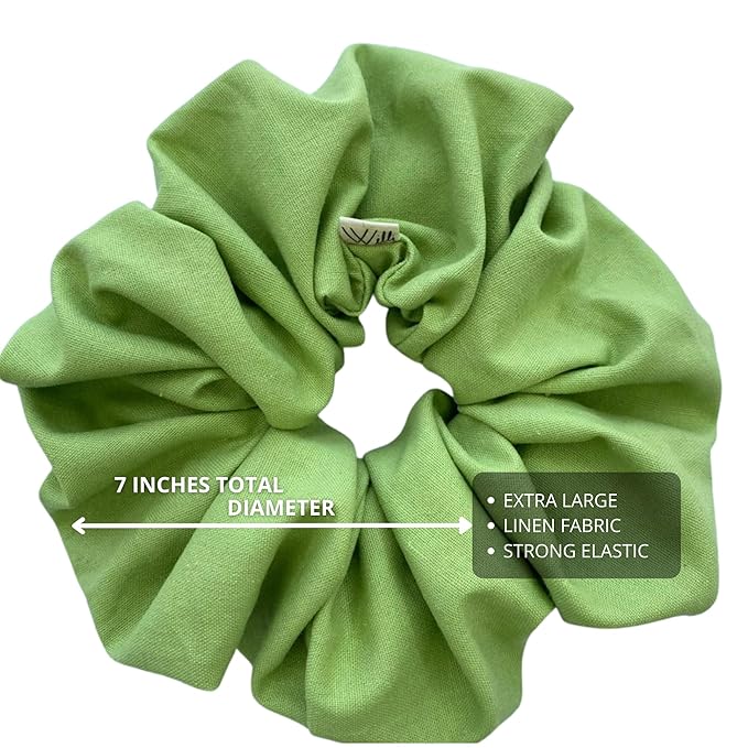 Handmade Oversized Linen Scrunchie – 100% Natural Linen in Dusty Pink, Blue, Sand or Yellow – Gentle Hold for All Hair Types – Unique, Soft, and Lightweight Hair Accessory (Pistacho)