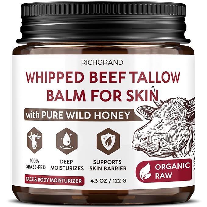 Beef Tallow for Skin - Whipped Tallow and Honey Balm - Grass Fed Beef Tallow for Face, Daily Moisturizer & Body Butter - Natural Non Comedogenic Skincare (4.3 oz)