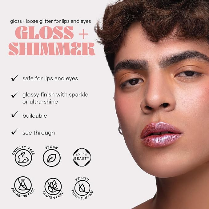 SARELLY, Lip Gloss + Shimmer, Peony Carajillo & Rose Quartz Flakes, Makeup, Vegan Lip Shine, Sarelly Creative Lab