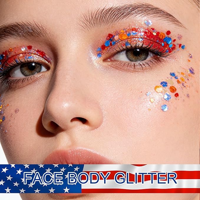 Christmas Body Glitter - Stocking Stuffers, Sequin Face Hair Makeup for Party Rave Festival, Christmas Gifts for Adults (Fourth of July Body Glitter)
