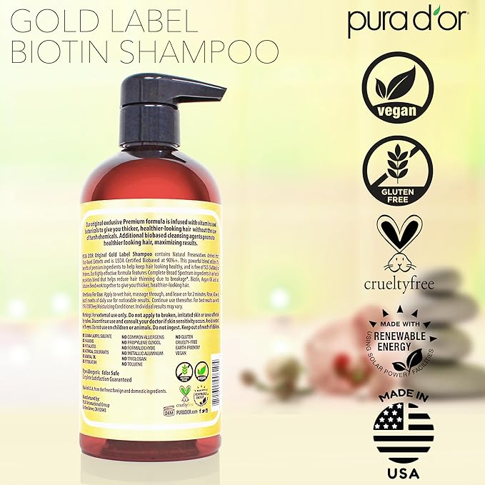 PURA D'OR Original Gold Label Anti-Thinning Shampoo – CLINICALLY TESTED Botanical Formula – Biotin & Argan Oil – Sulfate-Free Strengthening & Volumizing for Fuller-Looking Hair, Men & Women, 16 fl oz