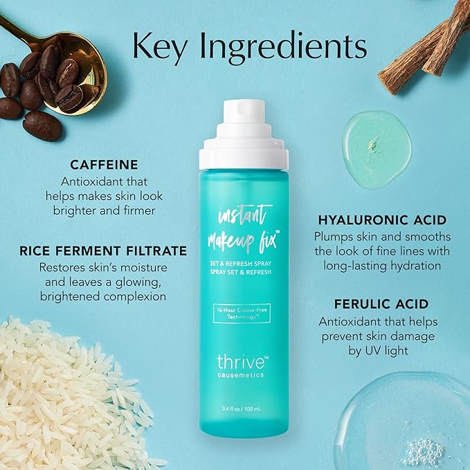 Thrive Causemetics Instant Makeup Fix Set & Refresh Spray, Makeup Setting Spray with Hyaluronic Acid, Lightweight, Hydrating & Long Lasting Face Spray, 16 Hour Wear, Vegan & Cruelty Free, 3.4 fl oz