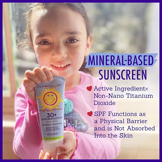 California Baby Everyday SPF 30+ Sunscreen | Mineral Based | Titanium Dioxide | Travel Size Baby Sunscreen for Face + Body | Floral Scent | 2.9oz