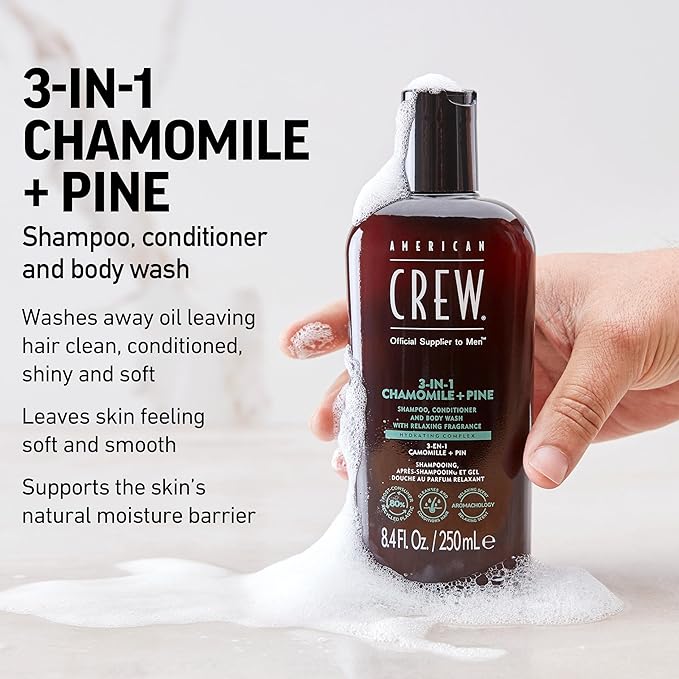 AMERICAN CREW 3-in-1 Chamomile & Pine, Shampoo, Conditioner & Body Wash for Men, Hair Care Gift for Him, Calming and Relaxing Fragrance, 33.8 fl oz