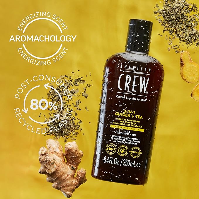 AMERICAN CREW 3-in-1 Ginger & Tea, Shampoo, Conditioner & Body Wash for Men, Hair Care Gift for Him, Revitalizing and Refreshing Fragrance, 15.2 fl oz