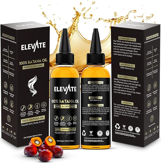 Elevate Batana Oil for Hair Growth | 100% Pure & Natural Raw Organic Oil from Honduras | Cold Pressed & Chemical-Free Serum for Thickness & Scalp Care Skin | Thicker Stronger Hair | 1 Pack | 4 Fl Oz