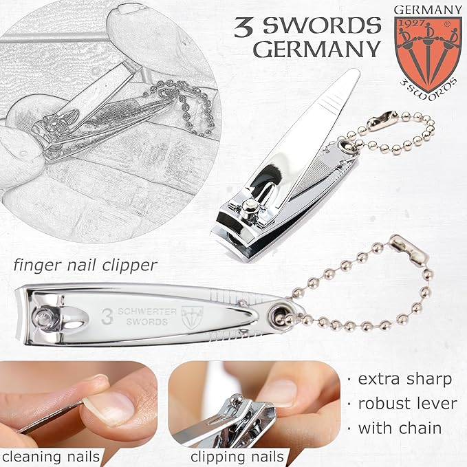 3 Swords Germany – Brand Quality fingernail & toenail Clipper, Manicure, Pedicure Nail Care by with Metal Nail File and case, Silver Color Edition