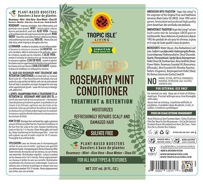 Hair Gro Rosemary Mint Conditioner 8oz/ 237ml - Moisturizing Formula for Refreshing Scalp and Nourishing Damaged Hair with High Shine