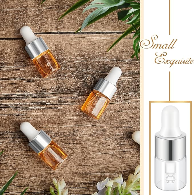200 Pcs Mini Glass Oil Dropper Bottle Bulk, Clear Essential Small Empty Bottles Sample Containers Perfume Liquid Vials with Cap for Traveling (2 ml,Silver)