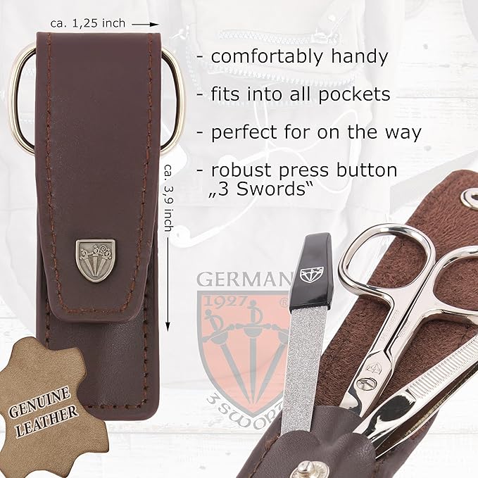 3 Swords Germany - brand quality 3 piece manicure pedicure grooming kit set for professional finger & toe nail care scissors file genuine leather case in gift box, Made in Solingen Germany (03744 )