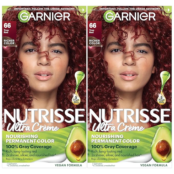 Garnier Hair Color Nutrisse Nourishing Creme, 66 True Red (Pomegranate) Permanent Hair Dye, 2 Count (Packaging May Vary)