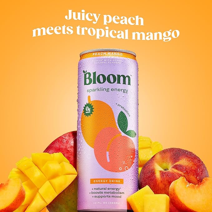 Bloom Nutrition Sparkling Energy Drink, Peach Mango | Zero Sugar | 180mg Caffeine | For Focus | 24 Pack