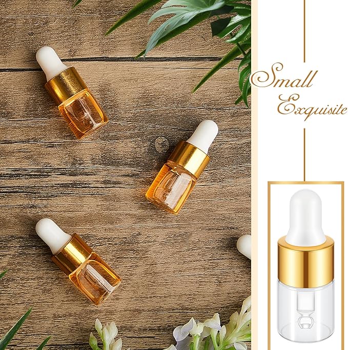 200 Pcs Mini Glass Oil Dropper Bottle Bulk, Clear Essential Small Empty Bottles Sample Containers Perfume Liquid Vials with Cap for Traveling (2 ml,Gold)