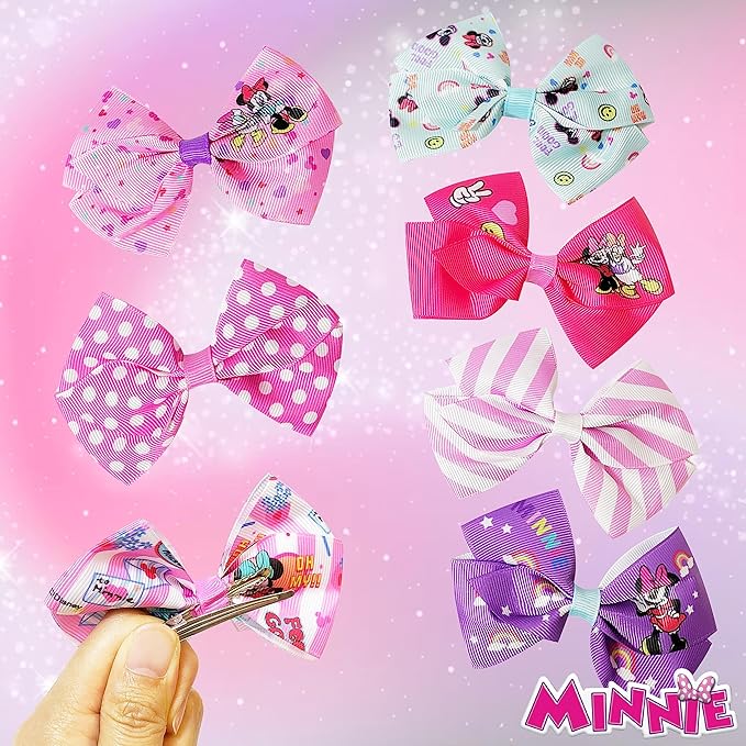 Disney Minnie Mouse Hair Bows - Hair Accessories Gift Set - Minnie Hair Bow - 7 Pcs 4 Inch Bundle - Hair Bows for Girls - Minnie on each clip - Alligator Clip - Ages 3 +