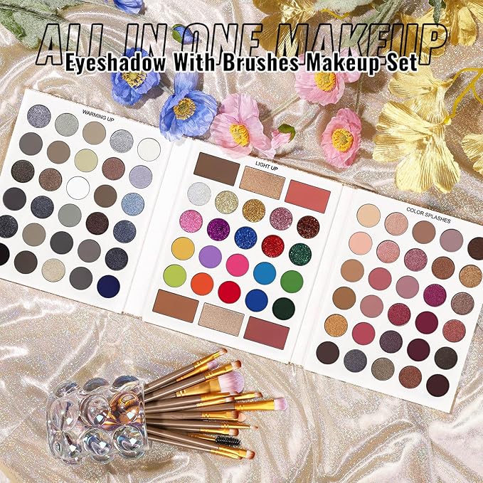UCANBE Eyeshadow Palette with 15 Brushes Makeup Sets, Pigmented Eye Makeup Pallet Holiday Gift Set, Matte Smokey Rosy Neutral Glitter Eye Shadow Powder & Contour Highlight Blush All-in-One Make Up Kit