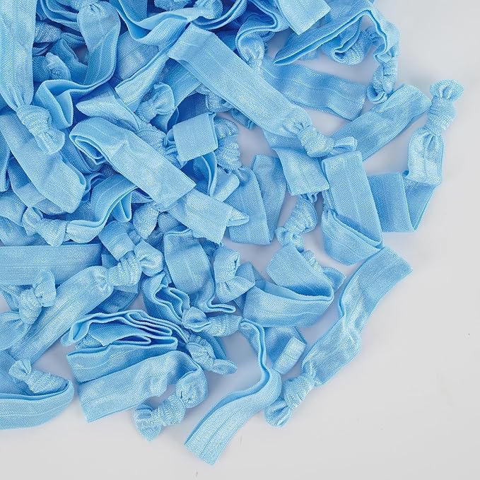 MEEDEE 100 Pack Light Blue Color Hair Ties For Women No Crease Soft Elastic Ribbon No Damage Blue Hair Ties Knotted Ouchless Hair Ribbon Yoga Hair Ribbons Elastic Bracelets