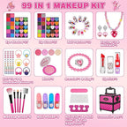 99 Pcs Kids Makeup Kit for Girls, Princess Toys Real Washable Cosmetics Set with Mirror, Hair Ties, Nails, Rings, Earrings, Necklace, Perfect for 3 4 5 6 7 8 Year Old Girls Birthday