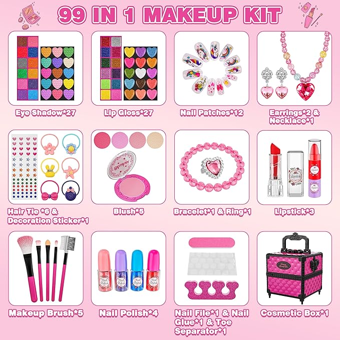 99 Pcs Kids Makeup Kit for Girls, Princess Toys Real Washable Cosmetics Set with Mirror, Hair Ties, Nails, Rings, Earrings, Necklace, Perfect for 3 4 5 6 7 8 Year Old Girls Birthday