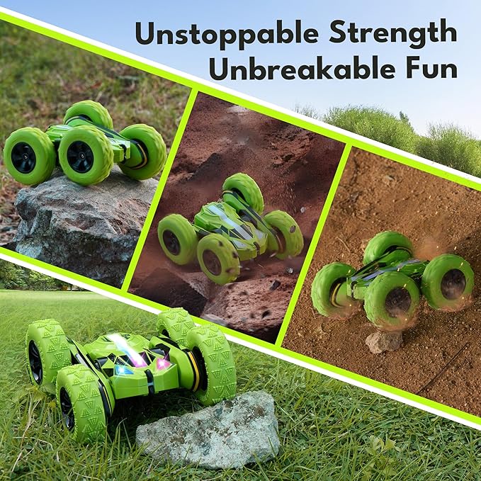 Remote Control Car RC Cars Toys for Boys Girls Ages 6-12, Upgraded USB-C Modular Batteries, Threeking 4WD Stunt Car with Breathing Soft Lights, Double-Sided Driving & 360° Flips, Presents Gifts, Green