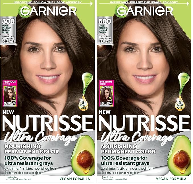 Garnier Hair Color Nutrisse Ultra Coverage Nourishing Creme, 500 Deep Medium Natural Brown (Glazed Walnut) Permanent Hair Dye, 1 Count (Packaging May Vary) (Pack of 2)