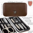 3 Swords Germany - Brand Quality 6 Piece Manicure Pedicure Grooming kit Set - Scissors, Metal and Glass Nail File, Clipper, Tweezers with Synthetic Leather case - Brown II