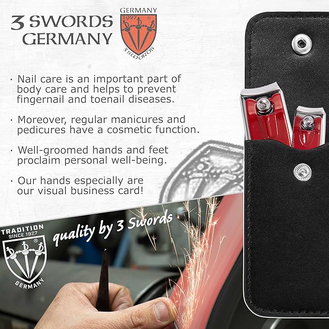 3 Swords Germany – Brand Quality fingernail & toenail Clipper, Manicure, Pedicure Nail Care by with Metal Nail File and case, red Edition