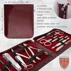 3 Swords Germany - brand quality 12 piece manicure pedicure grooming kit set for professional finger & toe nail care with burgundy synthetic leather case - Made in Germany