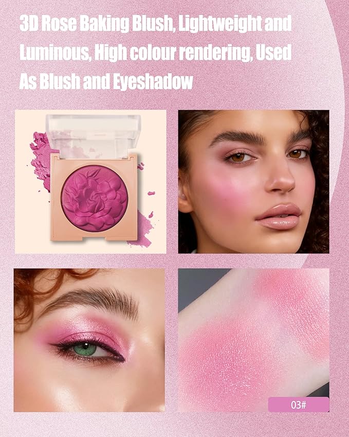 Baked Powder Blush, Lightweight Shimmery Highlight Blusher for Cheeks, Silky Smooth and Blendable Powder Blush Palette, Long-lasting All-Day Face Enhancing Makeup Color, Makeup Gift for Women Girls-03