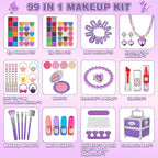 99 Pcs Kids Makeup Kit for Girls, Princess Toys Real Washable Cosmetics Set with Mirror, Hair Ties, Nails, Rings, Earrings, Necklace, Perfect for 3 4 5 6 7 8 Year Old Girls Birthday