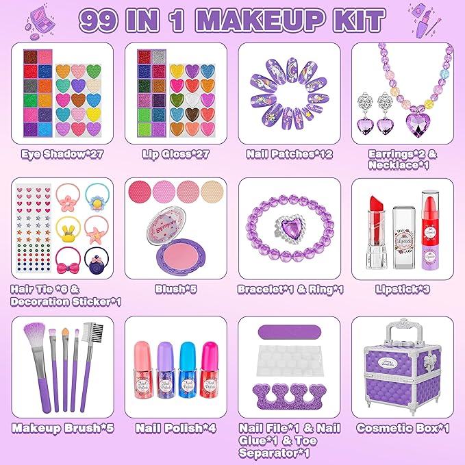 99 Pcs Kids Makeup Kit for Girls, Princess Toys Real Washable Cosmetics Set with Mirror, Hair Ties, Nails, Rings, Earrings, Necklace, Perfect for 3 4 5 6 7 8 Year Old Girls Birthday
