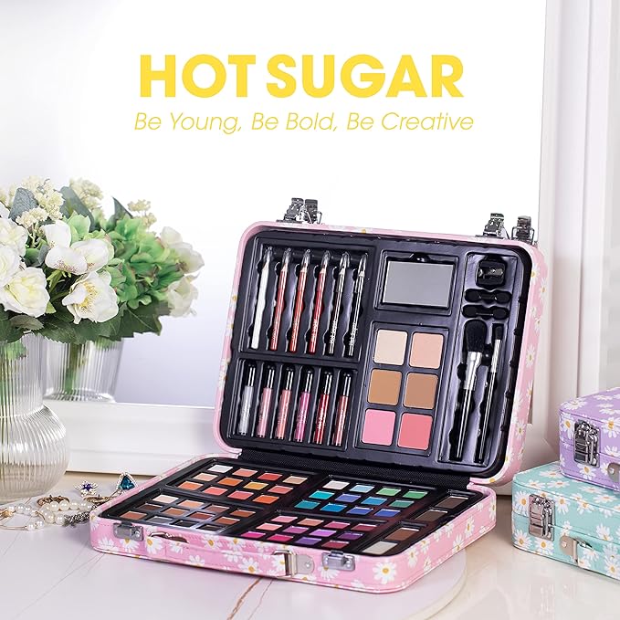 Hot Sugar Makeup Kit for Teenager Girls 10-12, All in One Beginner Makeup Kit for Women Full Kit, Teen Cosmetic Gift Set on Birthday Christmas (Pink Daisy)