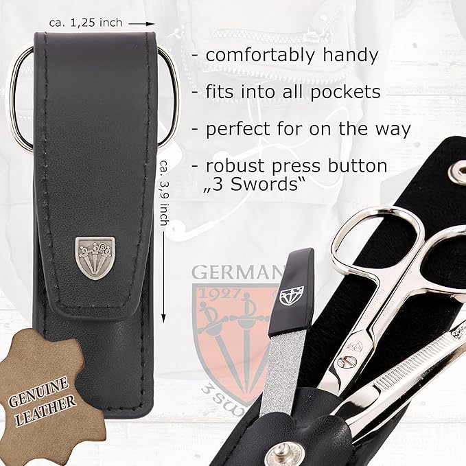 3 Swords Germany - brand quality 3 piece manicure pedicure grooming kit set for professional finger & toe nail care scissors file genuine leather case in gift box, Made in Solingen Germany